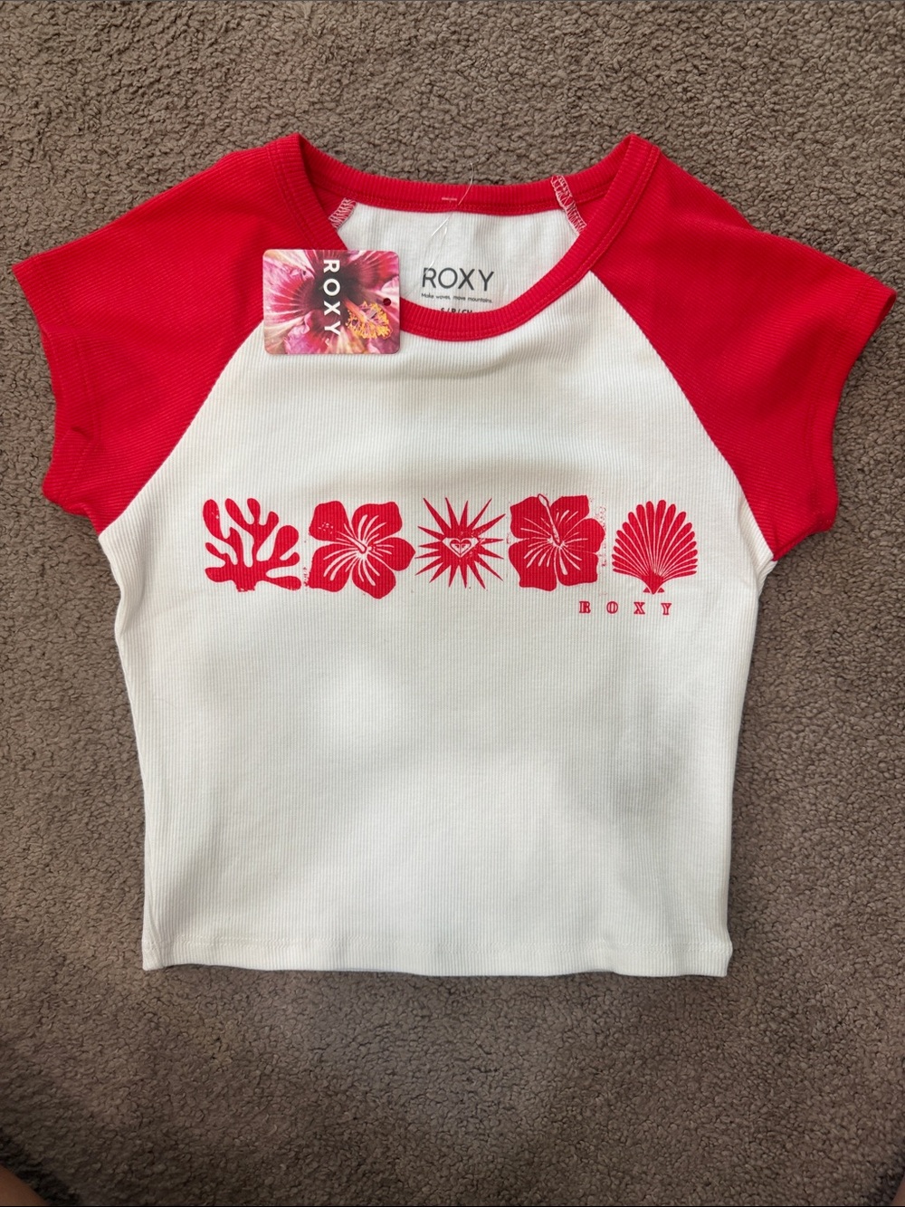 Roxy White Tee with Red Sleeves & Graphic